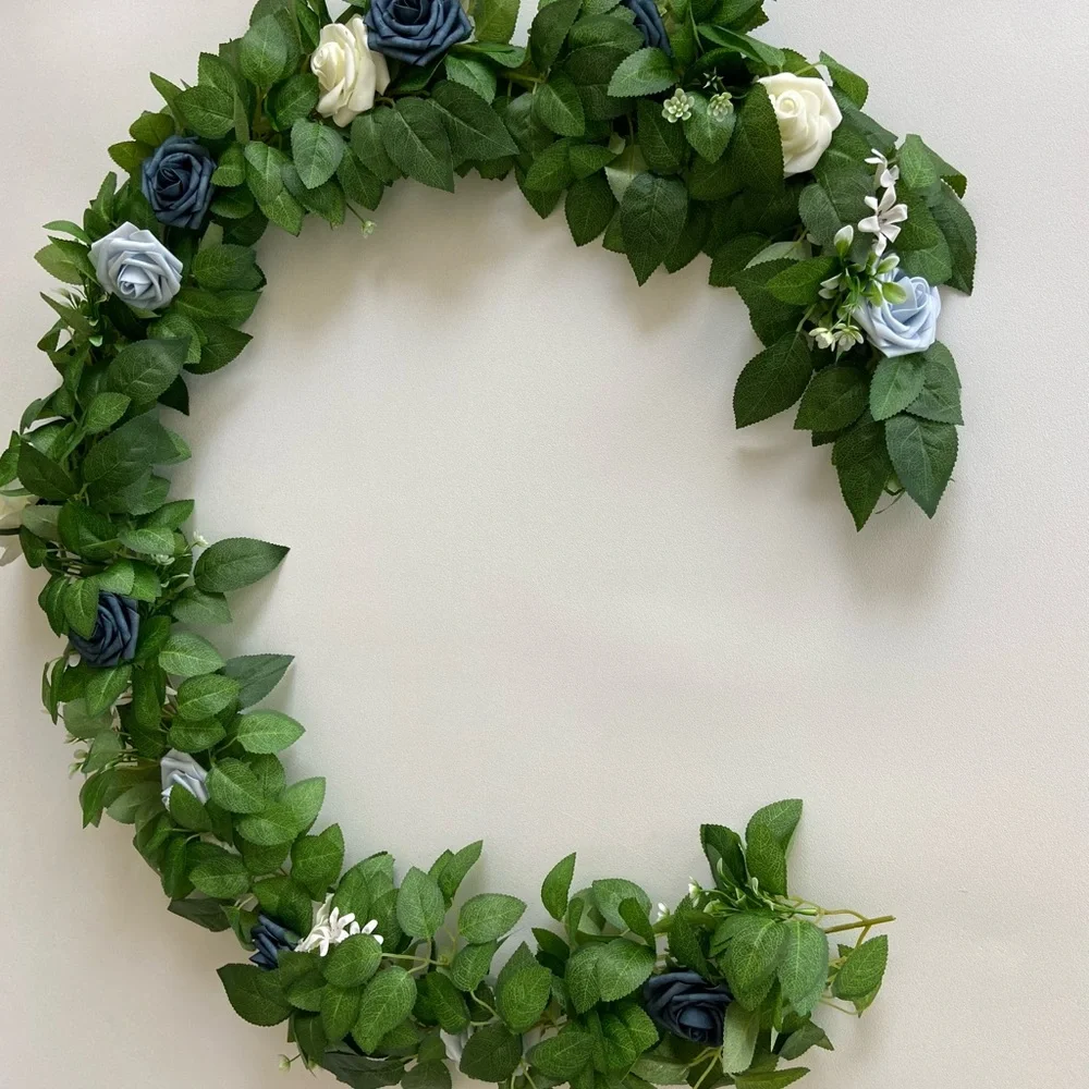 Dusty Blue Rose Ivory Flower Swag Greenery Floral Wreath